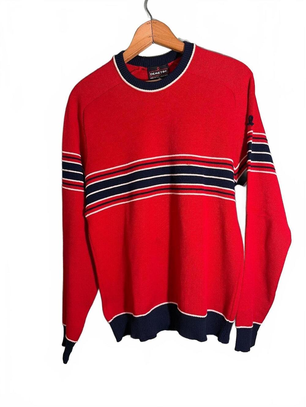 Men's Demetre Large Red Virgin Wool Ski Sweater with Navy and White Stripes